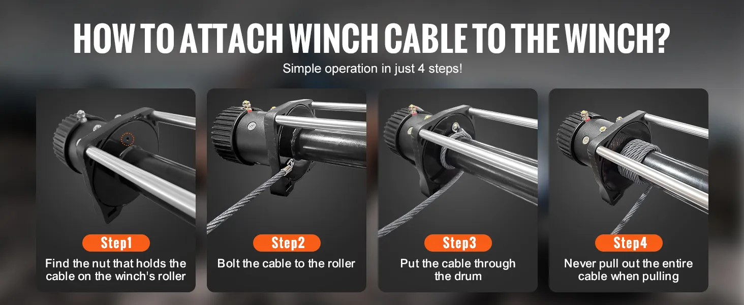 how to attach the VEVOR winch cable in 4 steps: locate nut, bolt cable, thread drum, never fully extend.