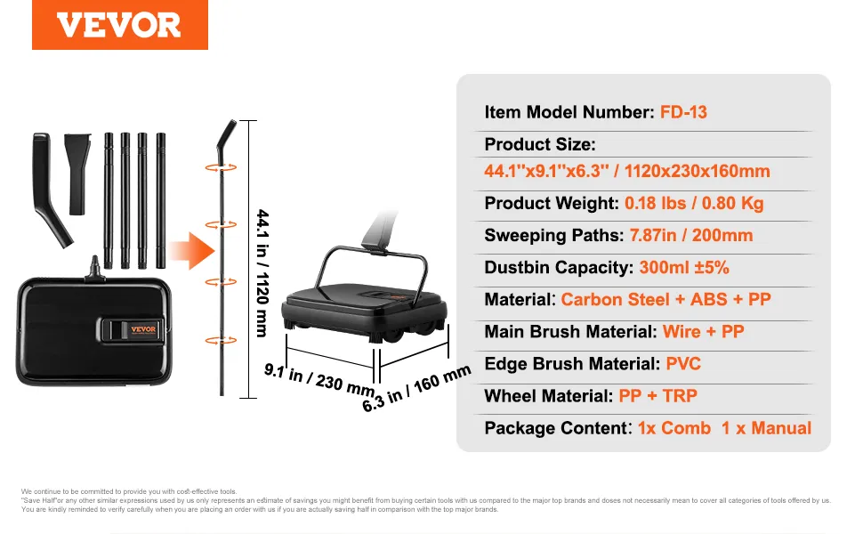 Carpet Sweeper, 7.87 In Sweeping , Floor Sweeper Manual Non Electric 300 Ml Dustbin Capacity Comb Home Office Rugs Hardwood Surfaces Wood Floors Laminate C