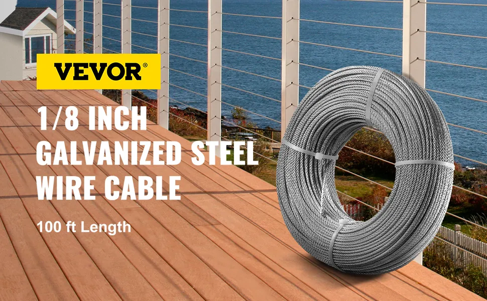 VEVOR stainless steel cable railing, 1/8 inch galvanized, 100 ft length, deck view