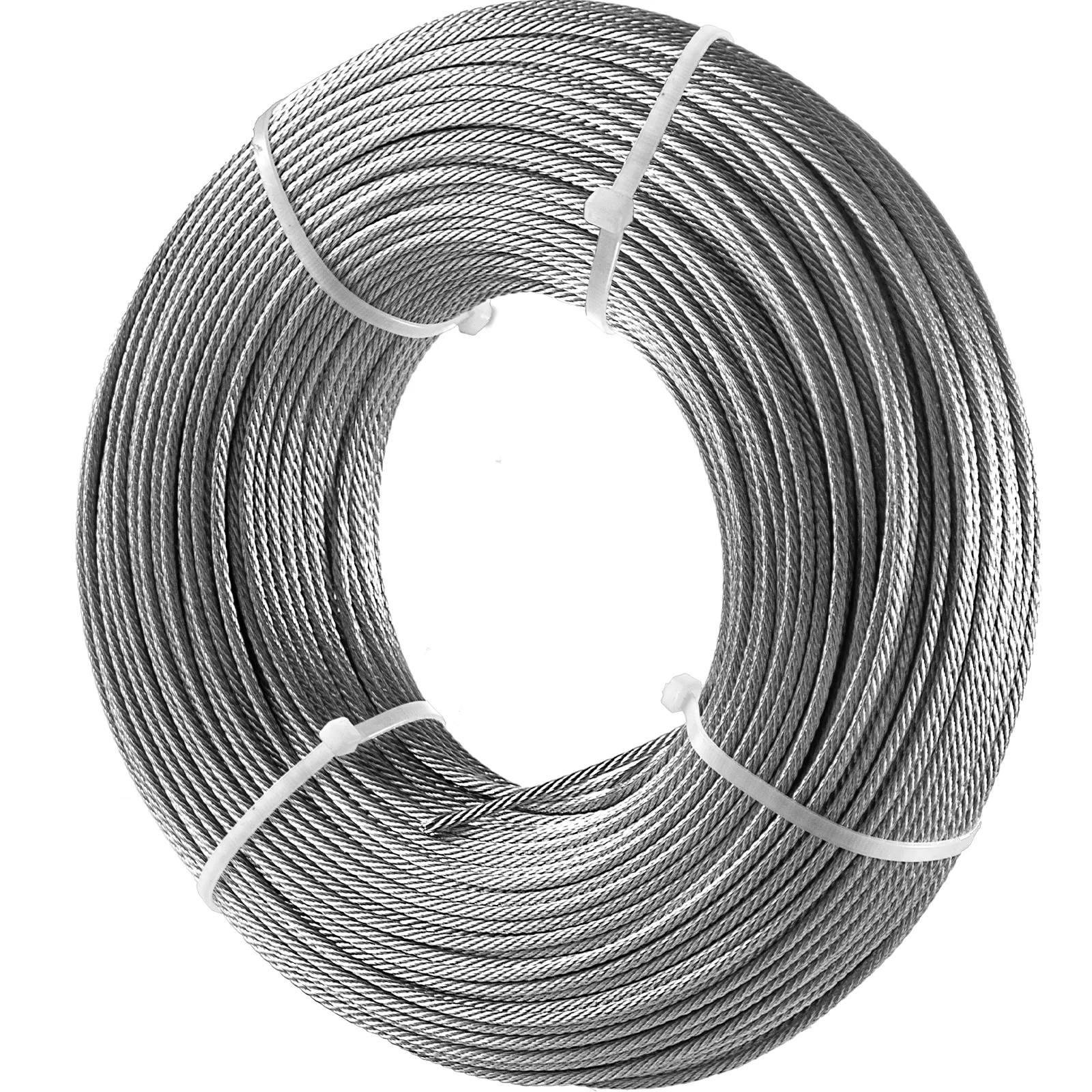 VEVOR stainless steel cable railing coiled with white ties.