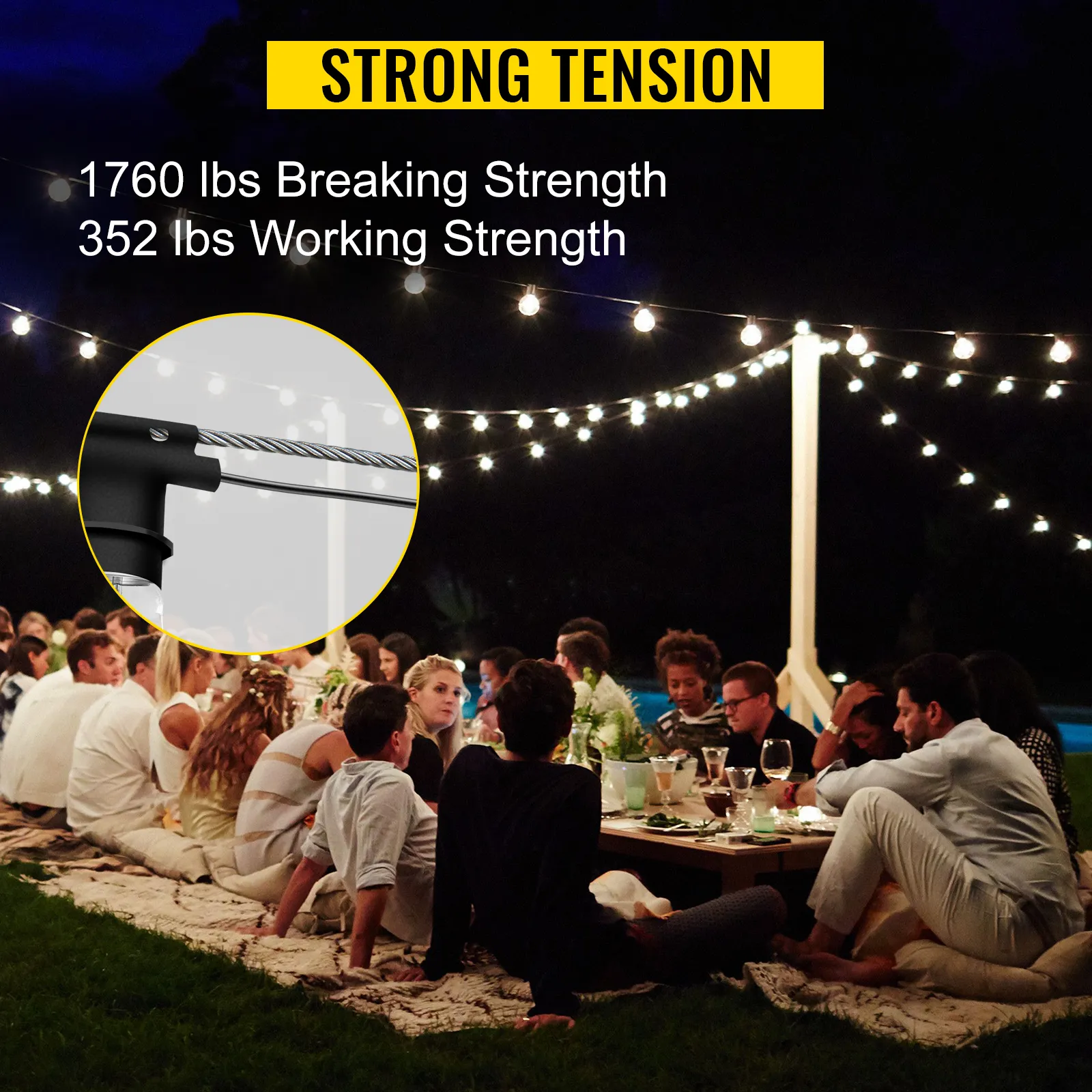 VEVOR stainless steel cable railing with 1760 lbs breaking strength and 352 lbs working strength at an outdoor evening gathering