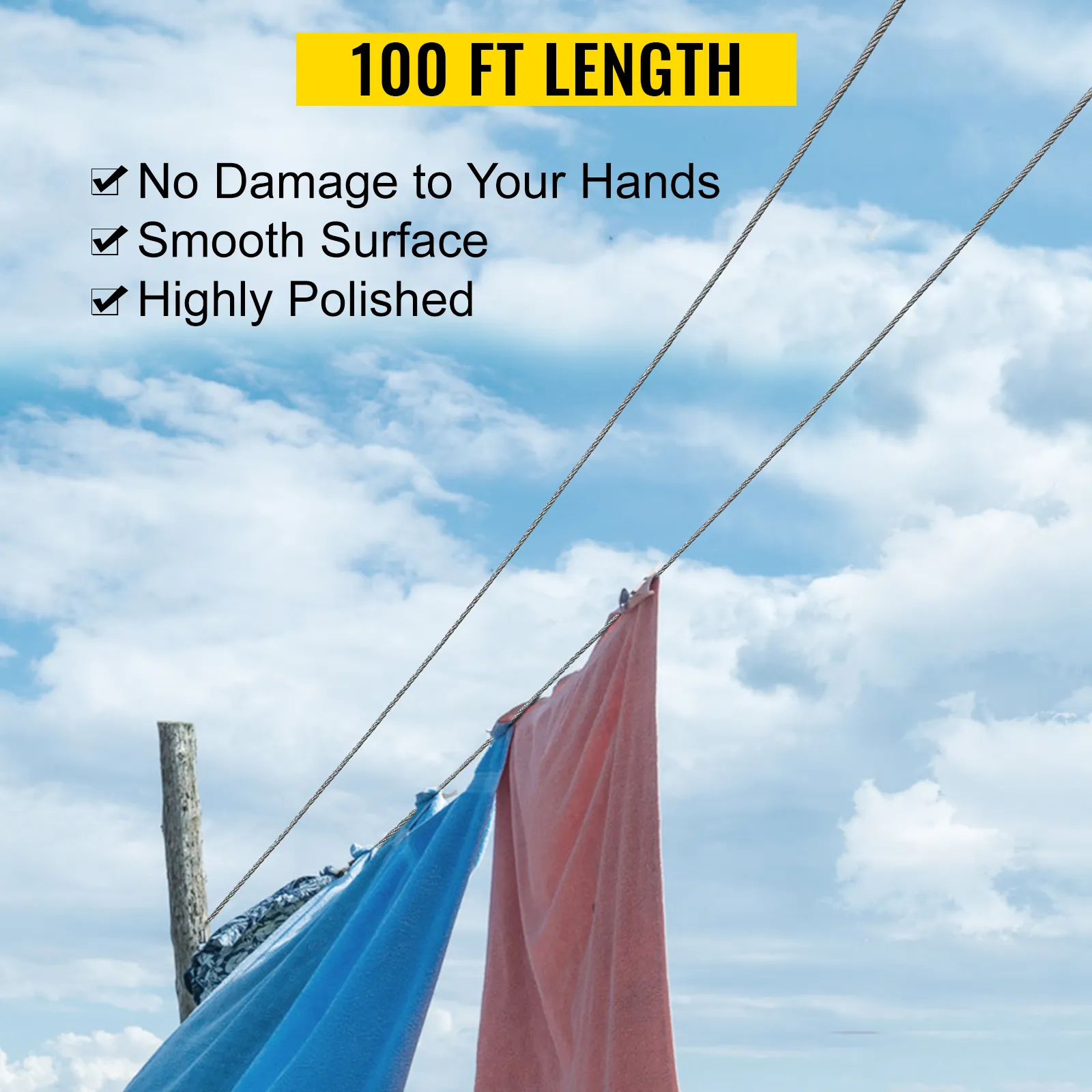 VEVOR stainless steel cable railing, 100 ft length, with smooth and highly polished surface.