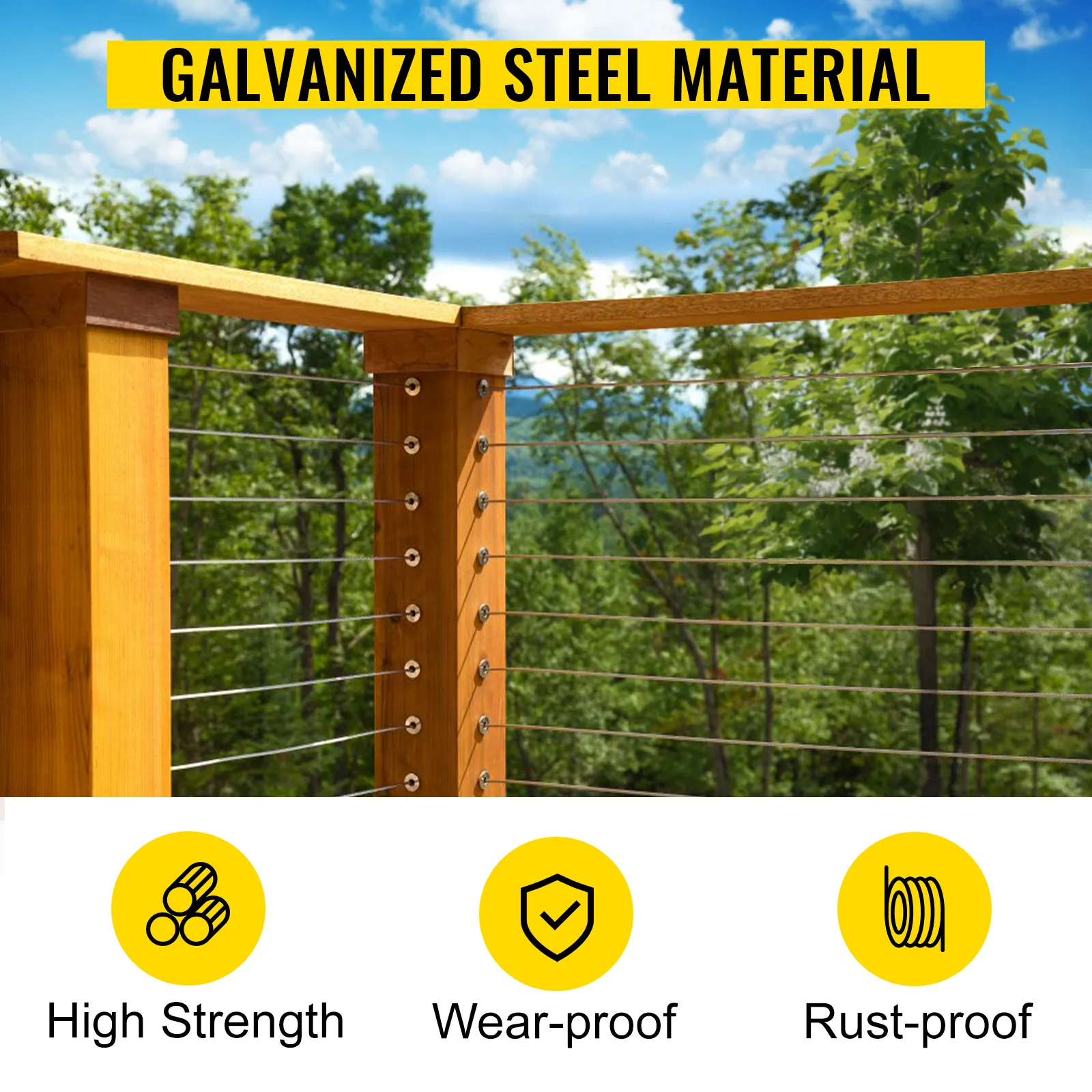VEVOR stainless steel cable railing with wooden posts in a scenic outdoor setting.
