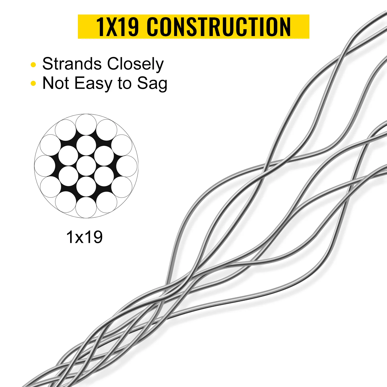 VEVOR stainless steel cable railing, 1x19 construction, strands closely, resists sagging.