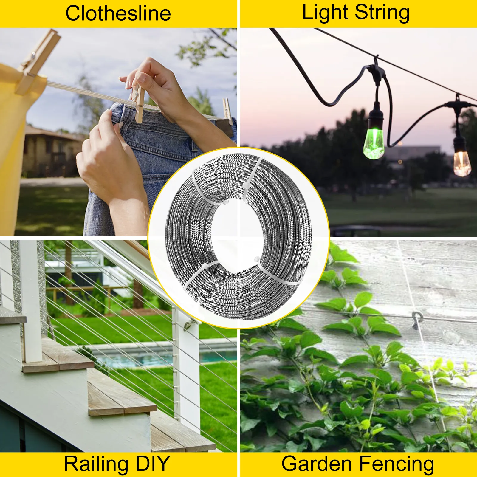 VEVOR stainless steel cable railing for clothesline, light string, railing diy, and garden fencing.