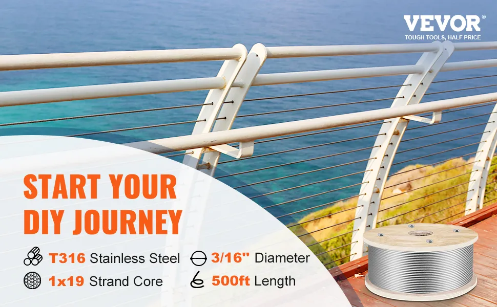 VEVOR stainless steel wire rope railing by the ocean, showcasing t316, 3/16", 500ft length.