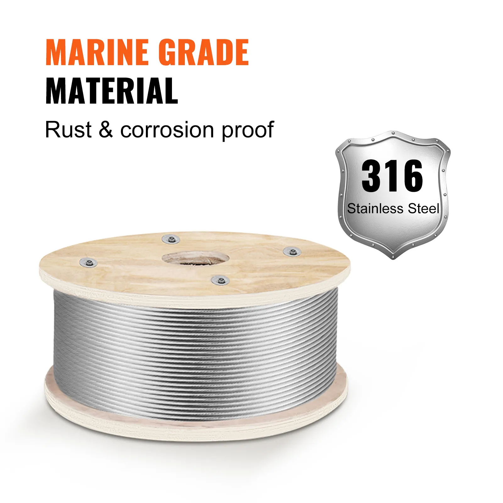 VEVOR stainless steel wire rope on wooden reel, marine grade, 316 stainless steel.