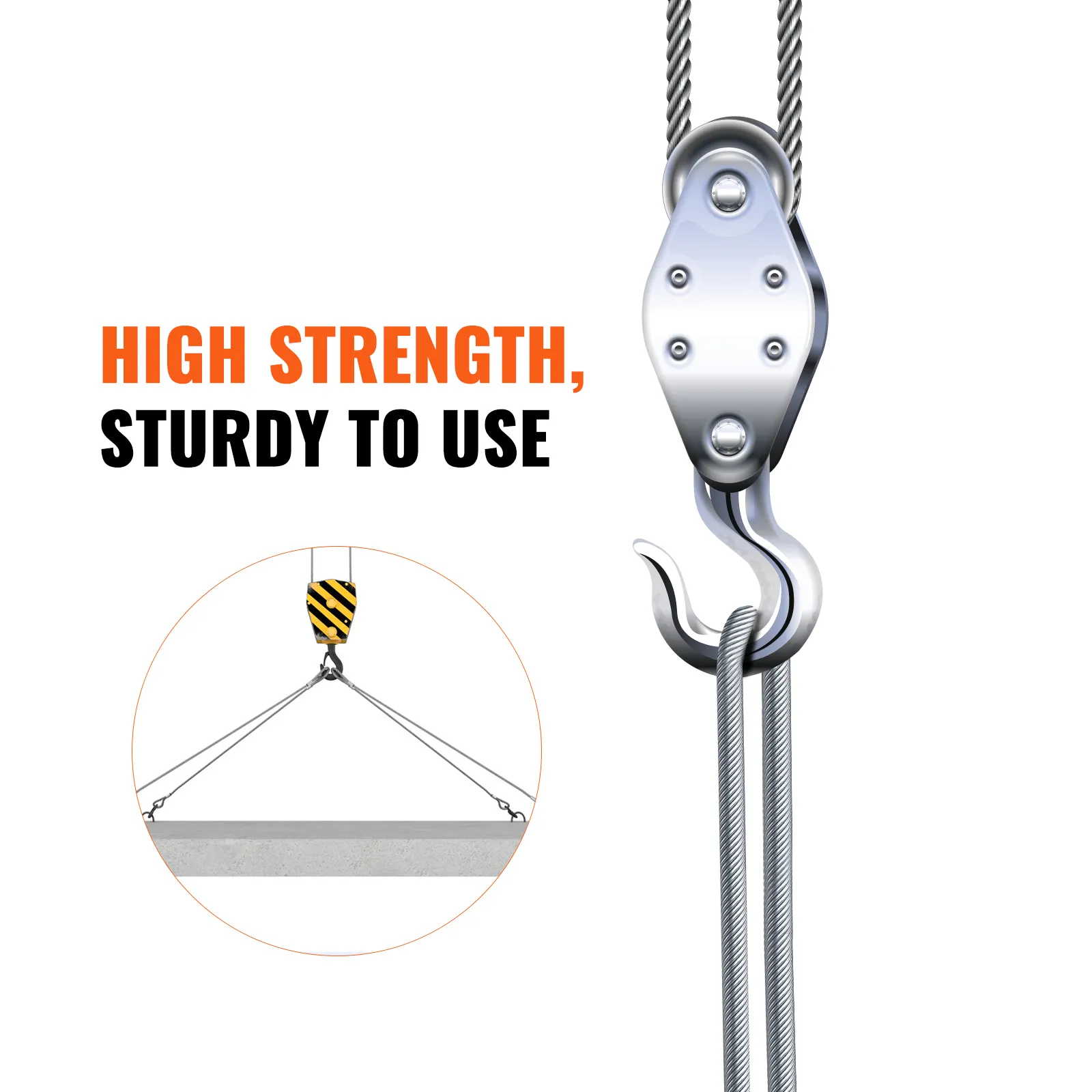 high strength pulley with VEVOR stainless steel wire rope, sturdy for lifting.