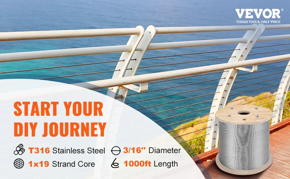 VEVOR stainless steel cable with ocean view and diy project details.