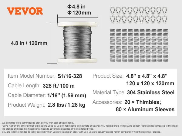 VEVOR wire rope kit with 328 ft cable, 80 aluminum sleeves, and 20 thimbles.