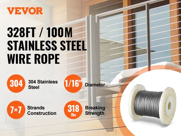 VEVOR wire rope kit, 328ft stainless steel, 304 grade, 1/16" dia., 7x7 strands, 318lbs strength.