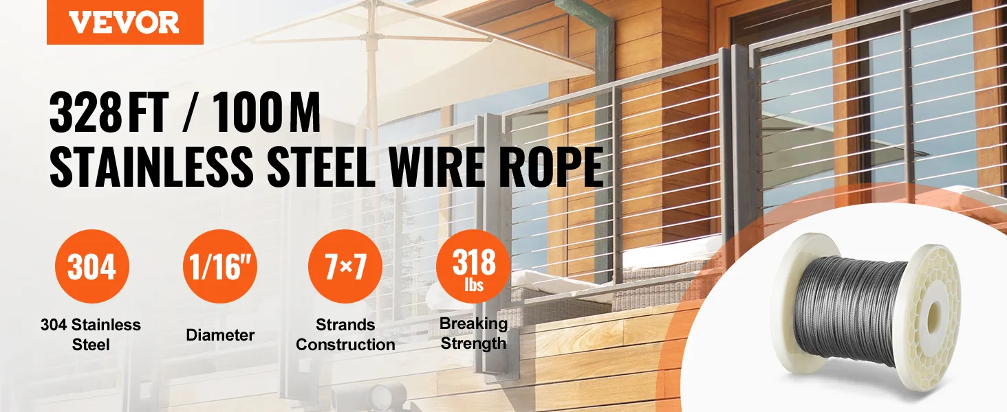 VEVOR wire rope kit, 328ft stainless steel, 304 grade, 1/16" dia., 7x7 strands, 318lbs strength.