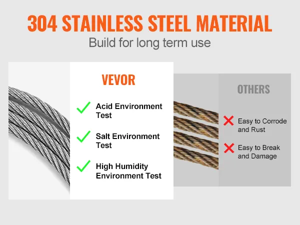 VEVOR wire rope kit, 304 stainless steel, acid, salt, and high humidity resistant. others corrode easily.