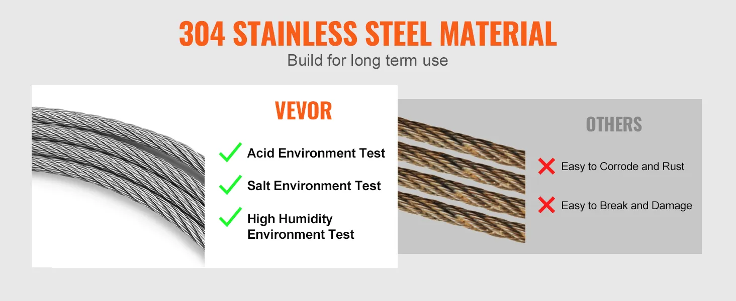VEVOR wire rope kit, 304 stainless steel, acid, salt, and high humidity resistant. others corrode easily.