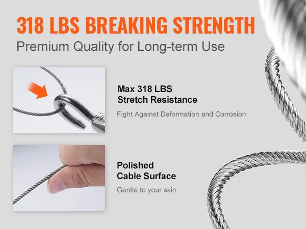 VEVOR wire rope kit features 318 lbs breaking strength and polished cable surface for durability.