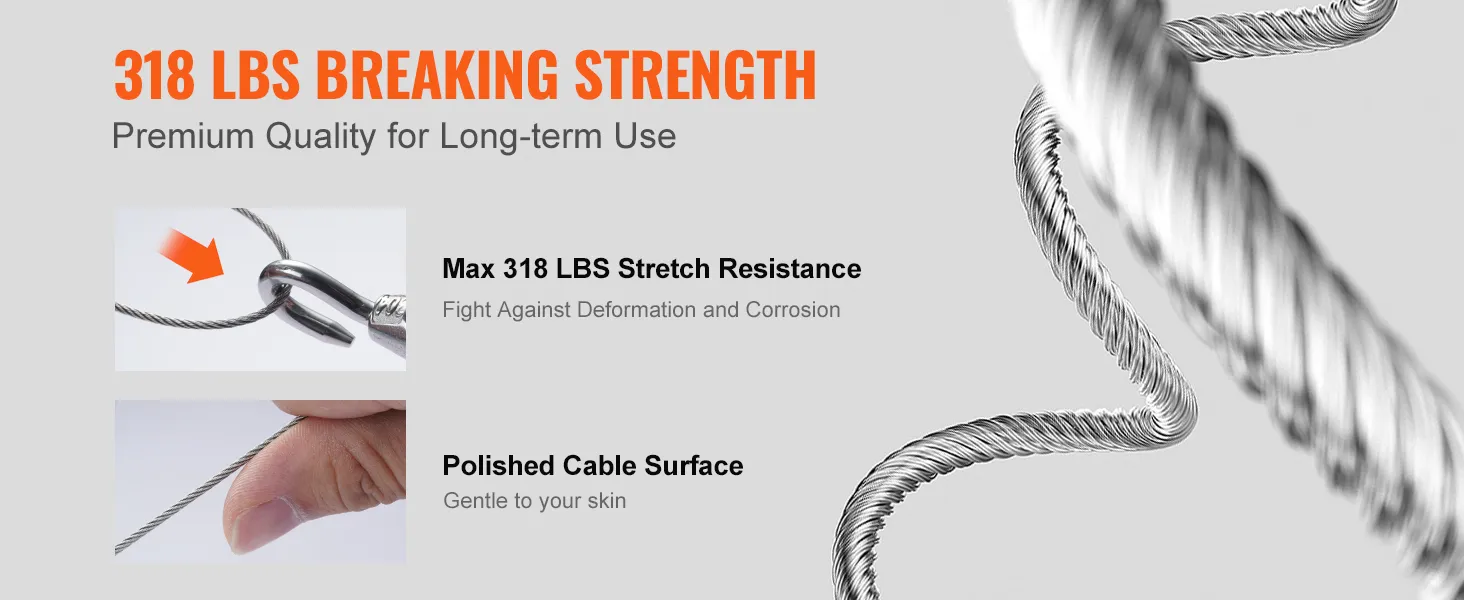 VEVOR wire rope kit features 318 lbs breaking strength and polished cable surface for durability.