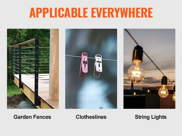 VEVOR wire rope kit uses: garden fences, clotheslines, and string lights with sunset background.