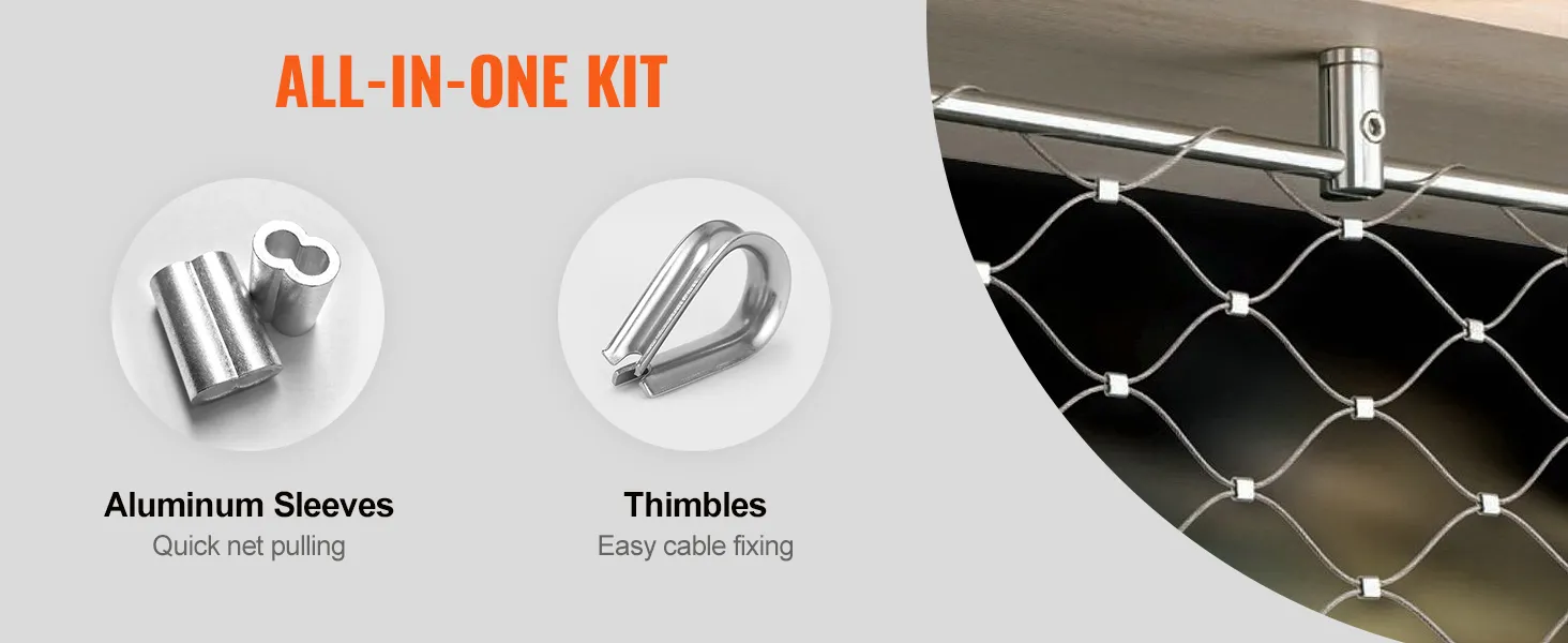VEVOR wire rope kit: aluminum sleeves for quick net pulling and thimbles for easy cable fixing.