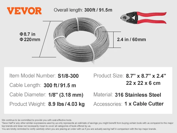 Cable de barandilla de cubierta VEVOR, 300 pies, acero inoxidable 316, 1/8" de diámetro, incluye cortador de cable.