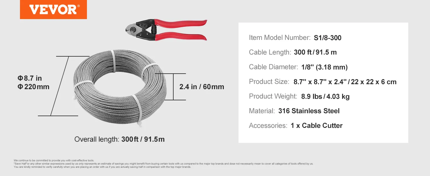 Cable de barandilla de cubierta VEVOR, 300 pies, acero inoxidable 316, 1/8" de diámetro, incluye cortador de cable.