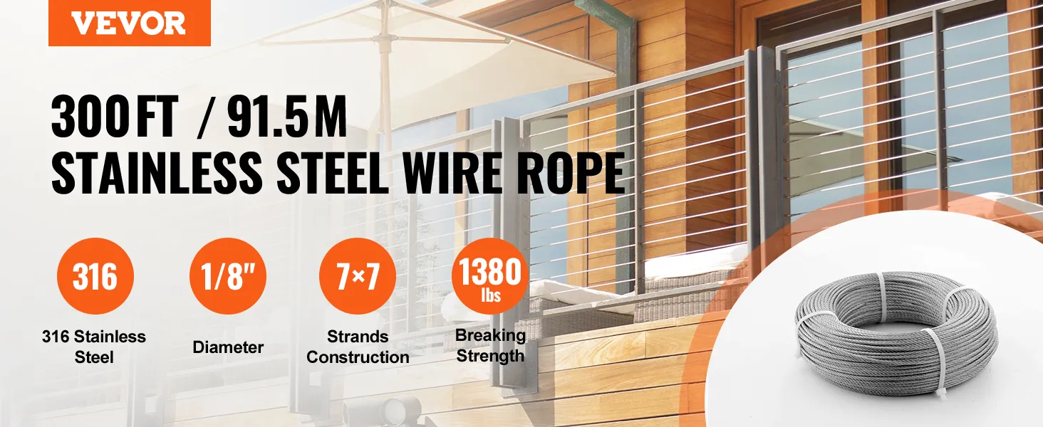 Cable de barandilla de cubierta VEVOR, cable de acero inoxidable de 300 pies; acero 316, 1/8 "de diámetro, 1380 libras de resistencia.