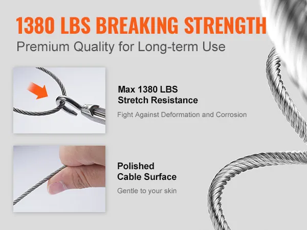 Resistencia a la rotura de 1380 libras, cable de barandilla de cubierta VEVOR, resistente al estiramiento, superficie pulida, uso a largo plazo.