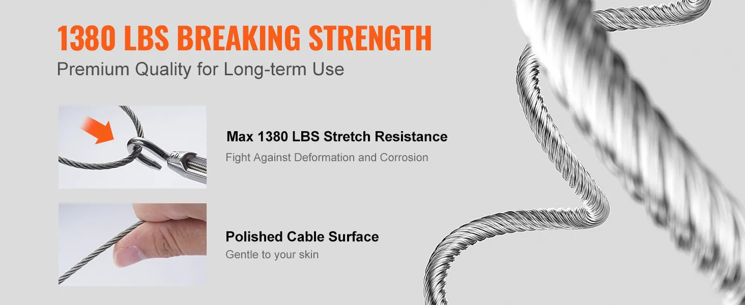 Resistencia a la rotura de 1380 libras, cable de barandilla de cubierta VEVOR, resistente al estiramiento, superficie pulida, uso a largo plazo.