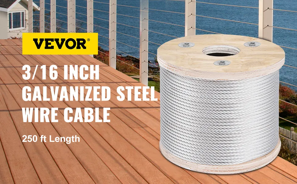 VEVOR stainless steel cable railing spool on wood deck overlooking a body of water.