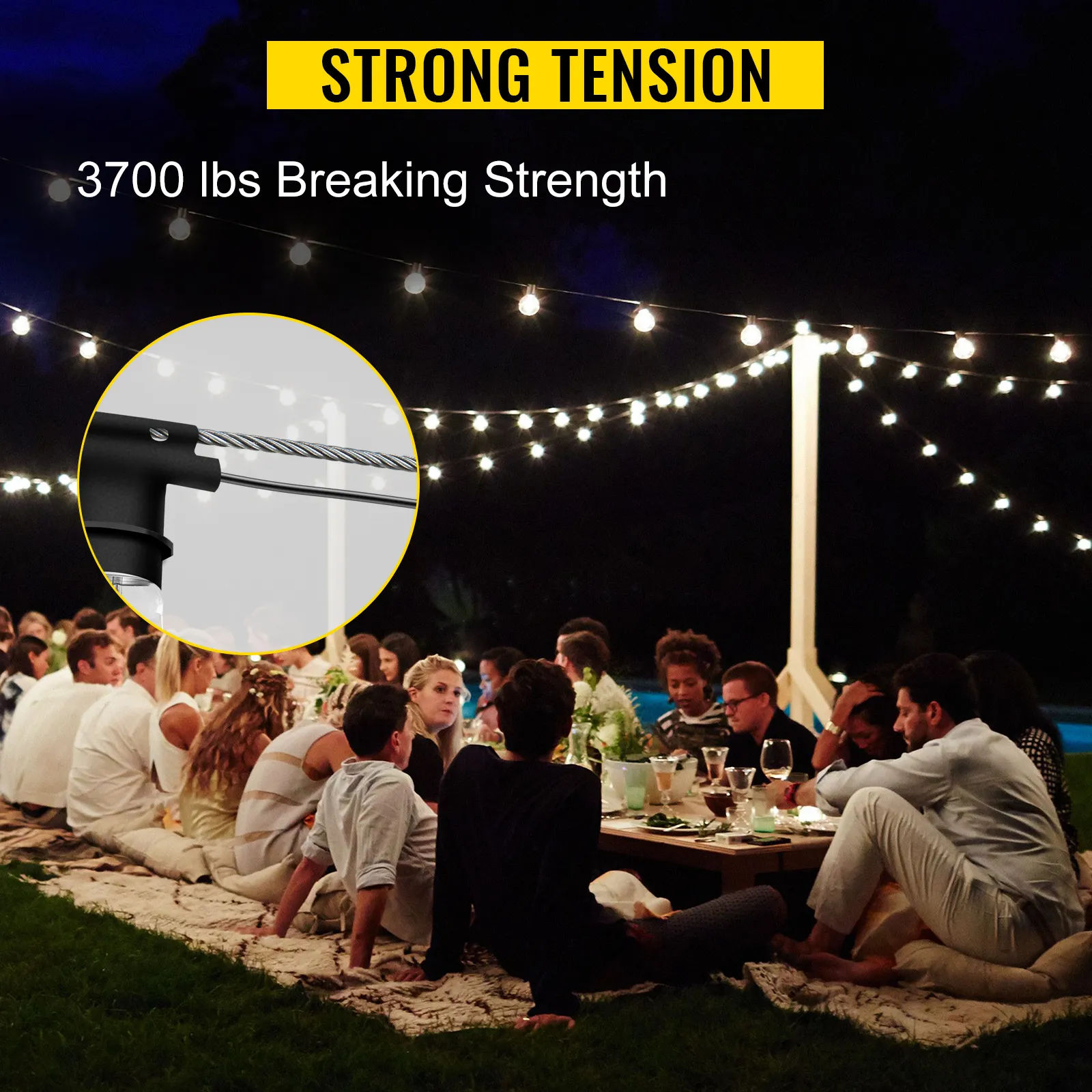 outdoor dinner party with string lights and VEVOR stainless steel cable railing.