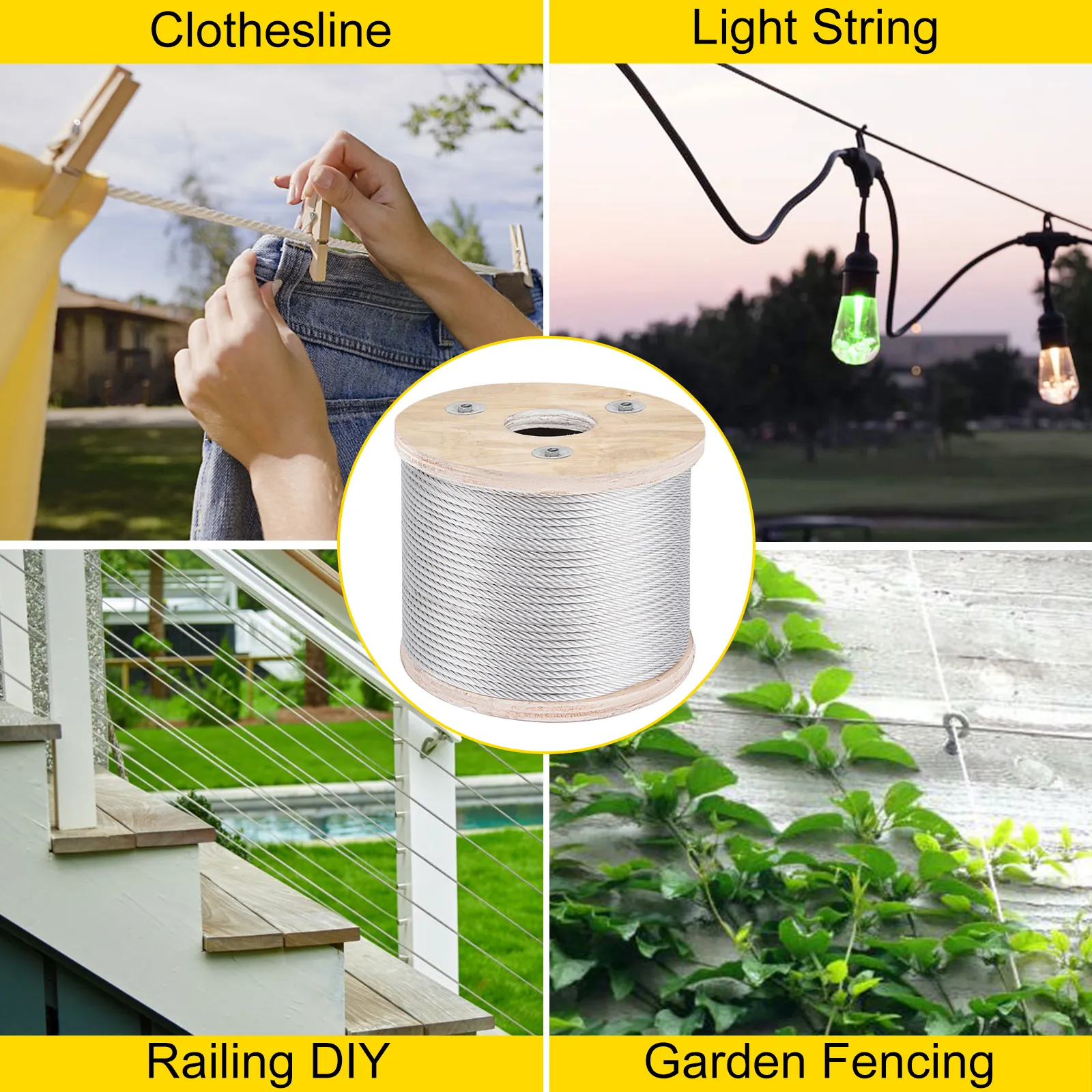 VEVOR stainless steel cable railing spool shown for clothesline, light string, railing diy, and garden fencing uses.