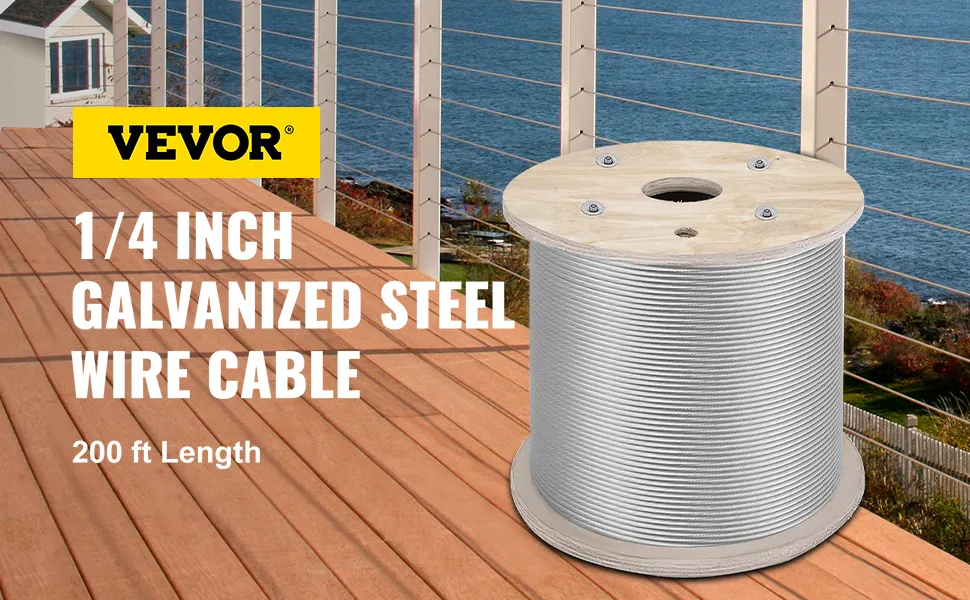 VEVOR stainless steel cable spool on a wooden deck with ocean view background.