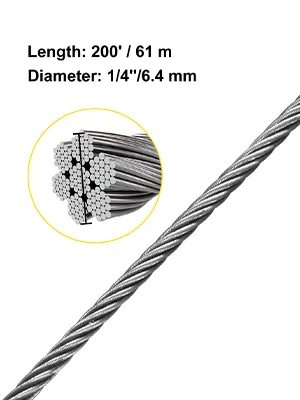 VEVOR stainless steel cable, 200 ft, 1/4" diameter close-up.