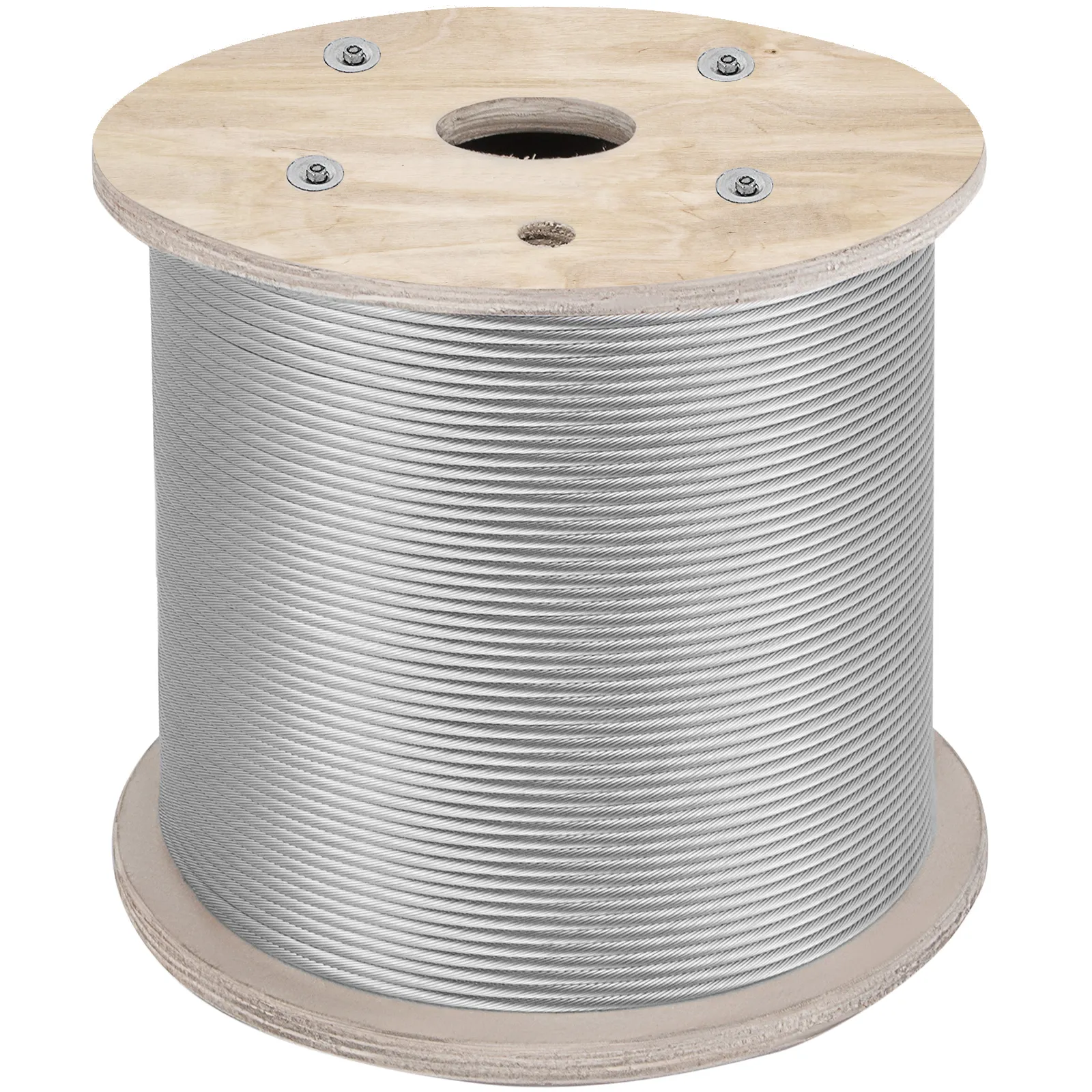 large spool of VEVOR stainless steel cable coiled on a wooden reel.