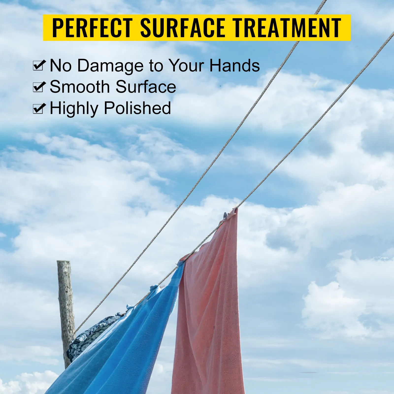 VEVOR stainless steel cable holding colorful clothes against a clear sky with text overlay.