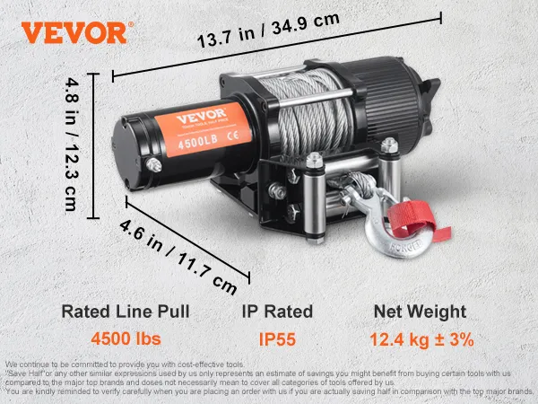 VEVOR electric winch 4500 lb with wireless/wired control, ip55 rating, and mounting accessories.