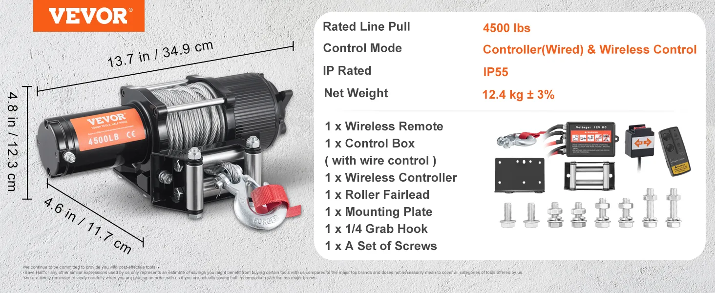VEVOR electric winch 4500 lb with wireless/wired control, ip55 rating, and mounting accessories.