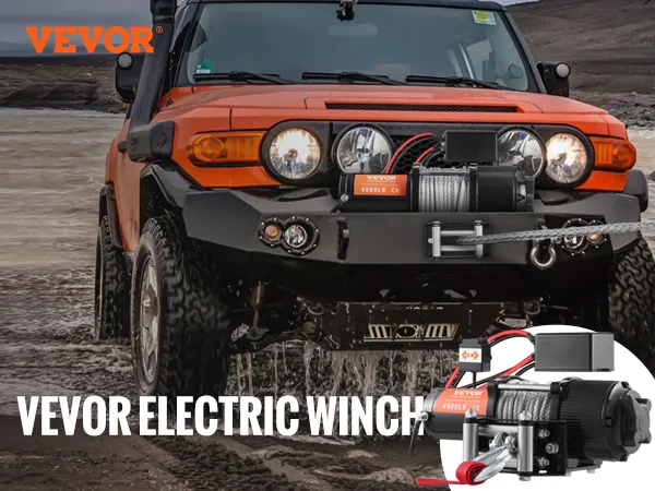 orange off-road truck showcasing VEVOR electric winch 4500 lb in rugged terrain crossing a river.