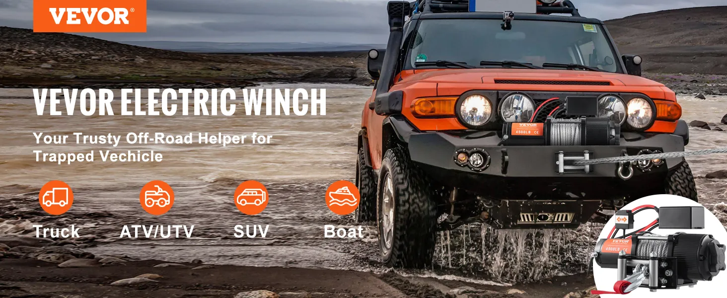 orange off-road truck showcasing VEVOR electric winch 4500 lb in rugged terrain crossing a river.