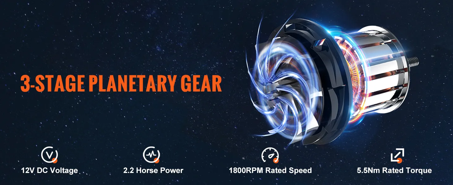 3-stage planetary gear for VEVOR electric winch 4500 lb, 12v dc, 2.2hp, 1800rpm, 5.5nm torque.