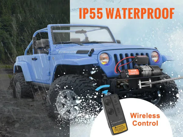 blue jeep in rain and snow using VEVOR electric winch 4500 lb, ip55 waterproof, wireless remote included.
