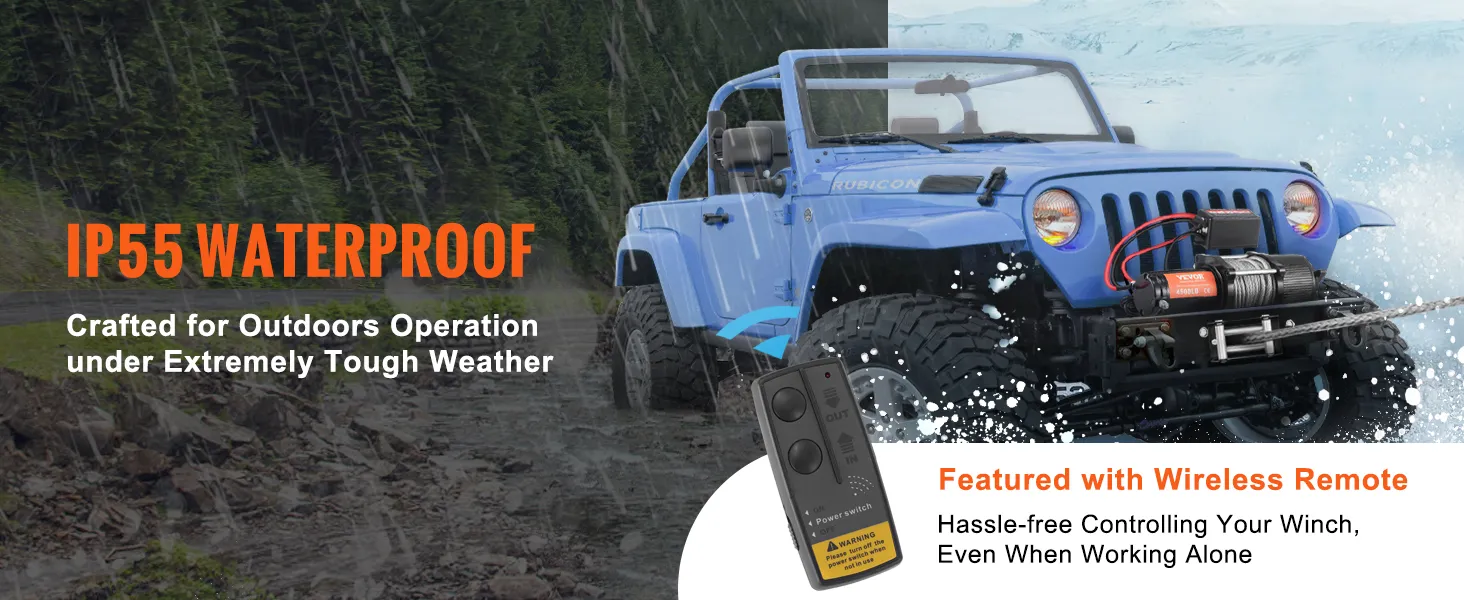 blue jeep in rain and snow using VEVOR electric winch 4500 lb, ip55 waterproof, wireless remote included.