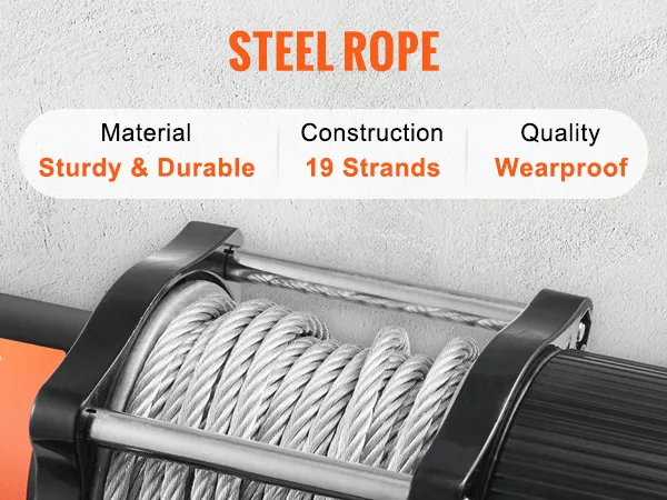 VEVOR electric winch 4500 lb with sturdy, durable, wearproof 19-strand steel rope.