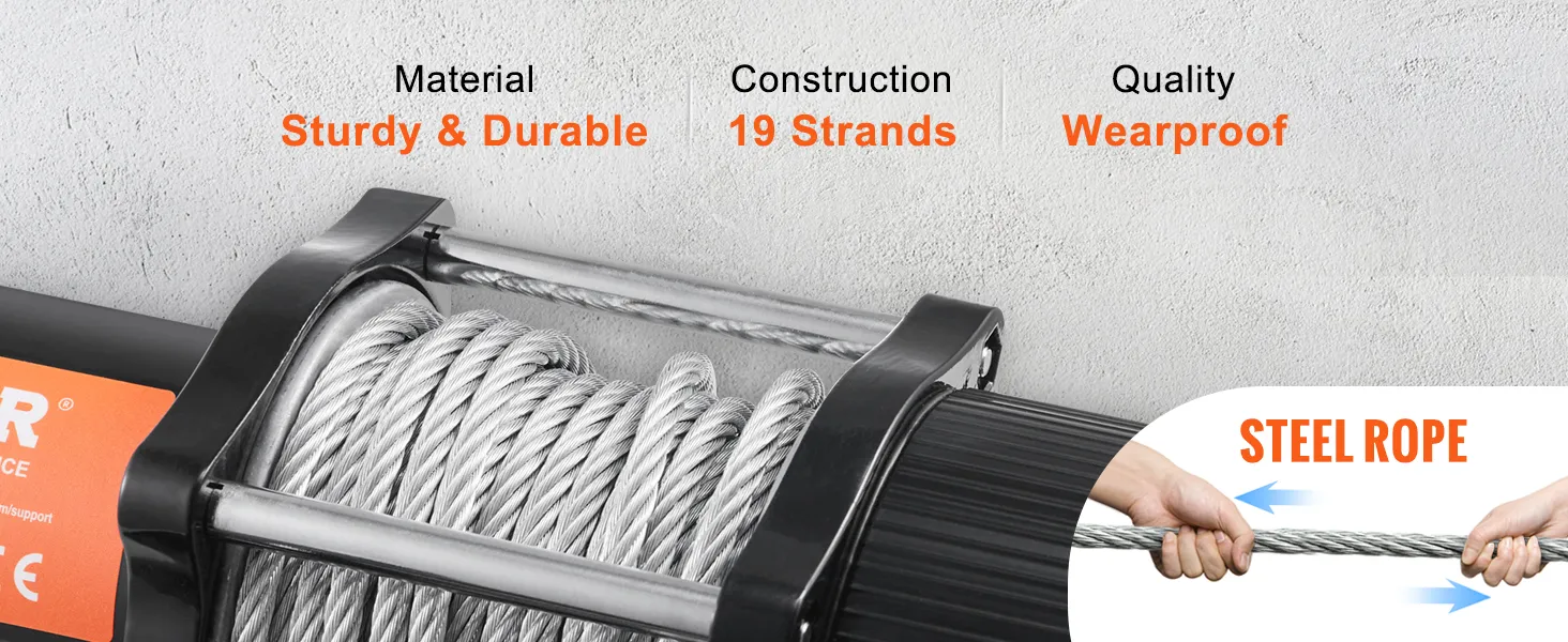 VEVOR electric winch 4500 lb with sturdy, durable, wearproof 19-strand steel rope.
