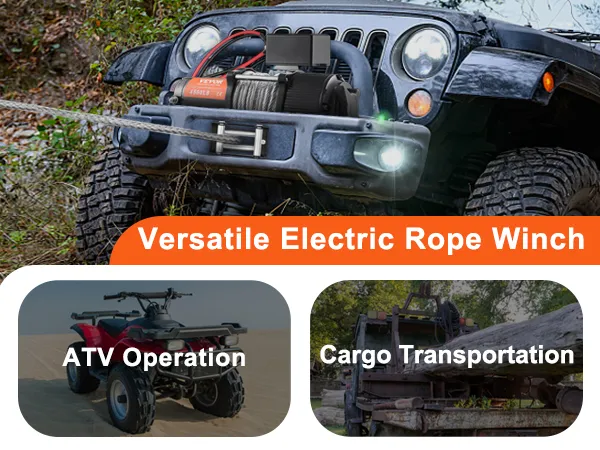 jeep with VEVOR electric winch 4500 lb pulling on uneven terrain; cargo transportation and atv operation.