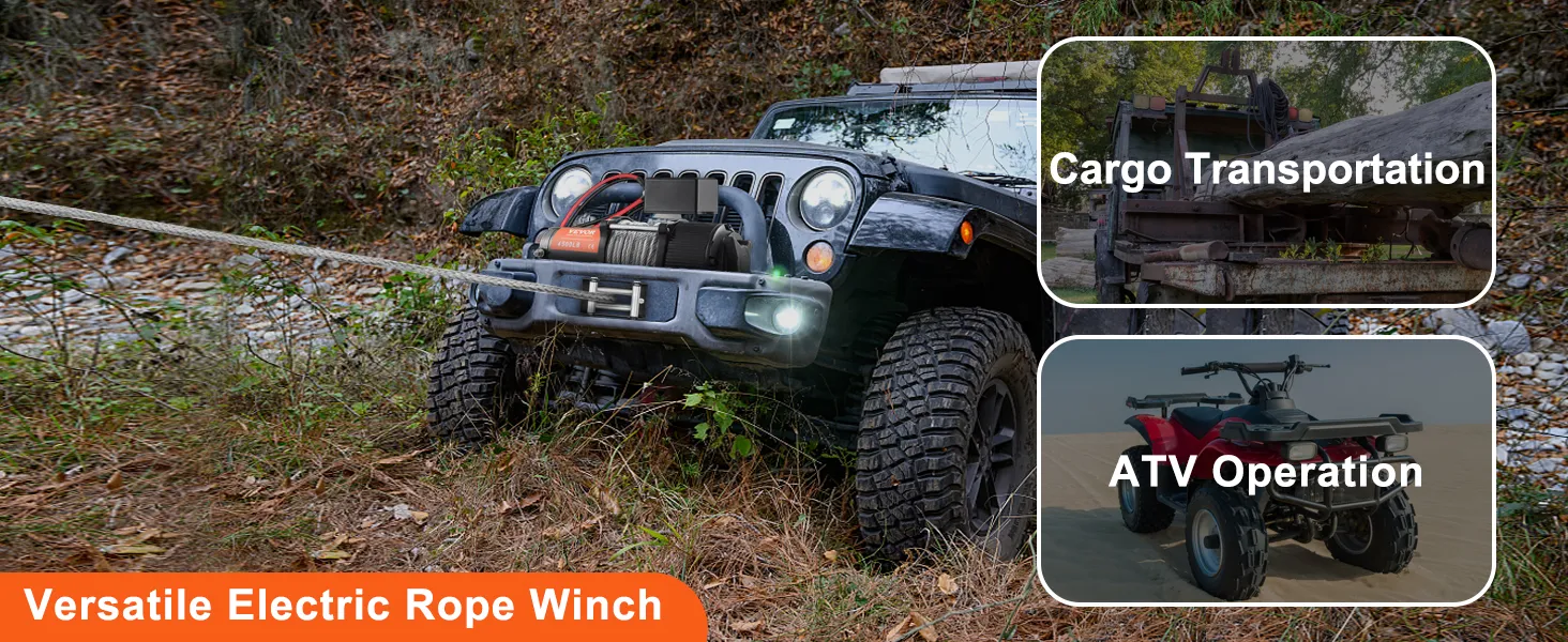 jeep with VEVOR electric winch 4500 lb pulling on uneven terrain; cargo transportation and atv operation.