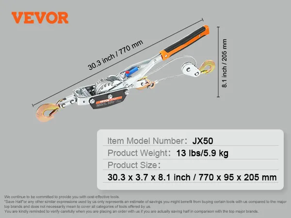 VEVOR come along winch, model jx50, 13 lbs, 30.3 x 3.7 x 8.1 inch dimensions, product image.