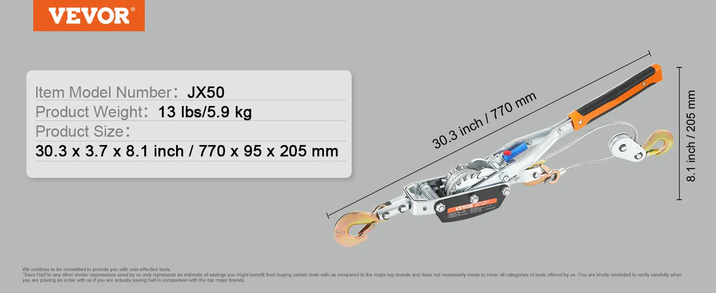 VEVOR come along winch, model jx50, 13 lbs, 30.3 x 3.7 x 8.1 inch dimensions, product image.