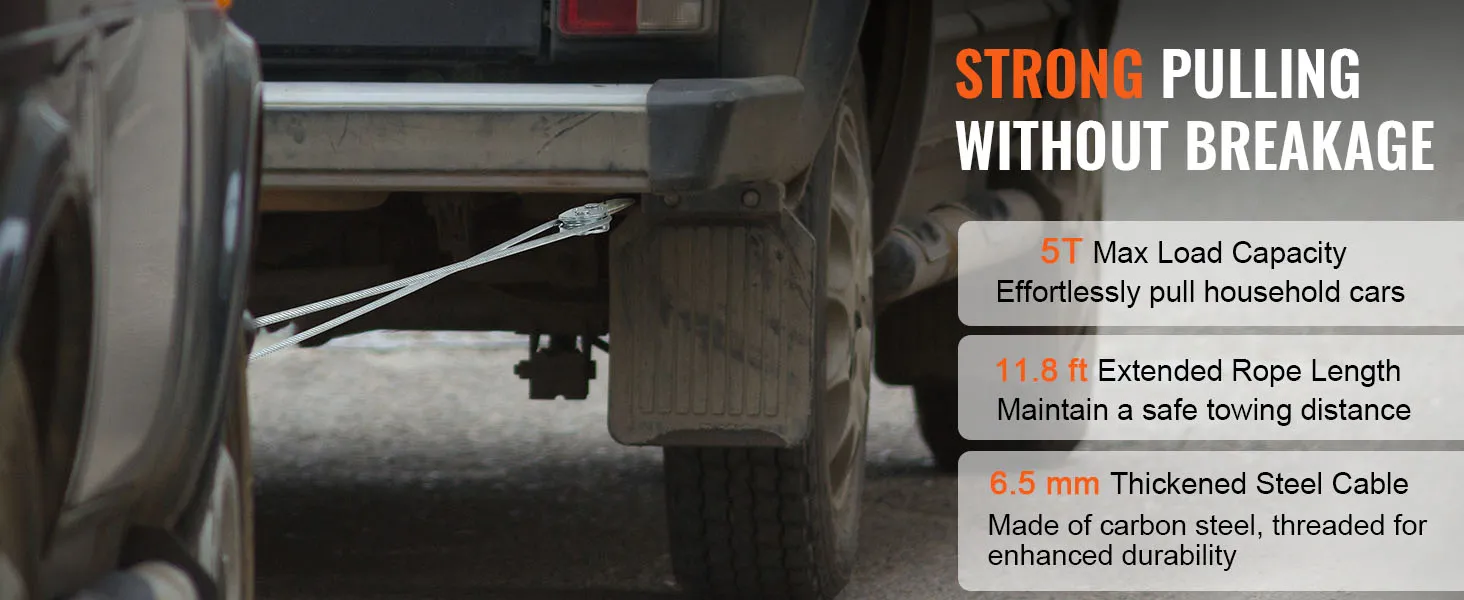 VEVOR come along winch pulling a vehicle, featuring 5t load capacity, 11.8 ft rope, and 6.5 mm steel cable.