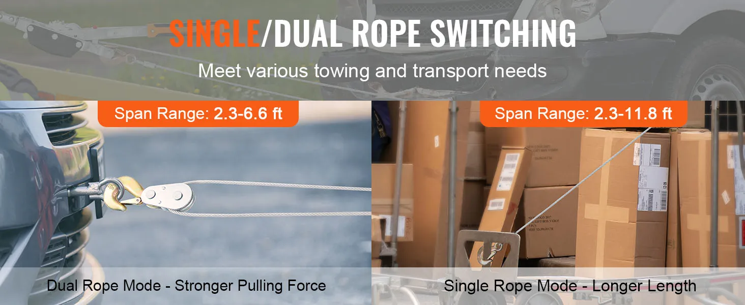single/dual rope switching for VEVOR come along winch; span ranges: 2.3-6.6 ft, 2.3-11.8 ft.