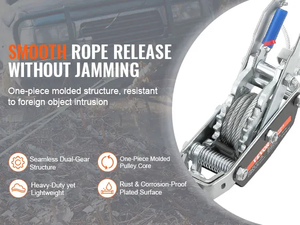 VEVOR come along winch showcasing smooth rope release, dual-gear structure, and rust-proof surface.